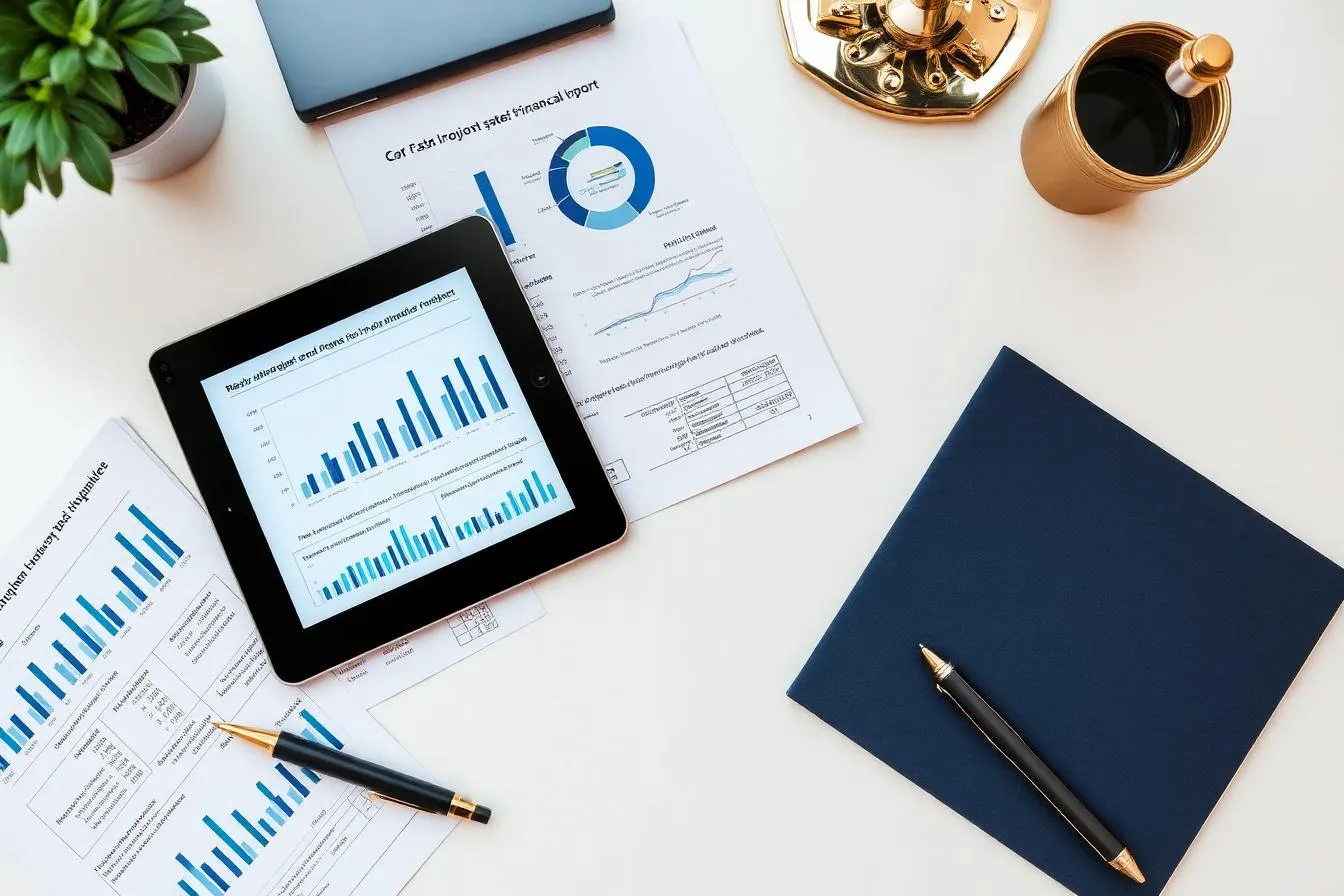 Ambiente de trabalho com relatórios financeiros organizados